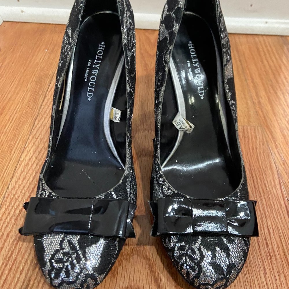 Silver and Black Heels With Bows